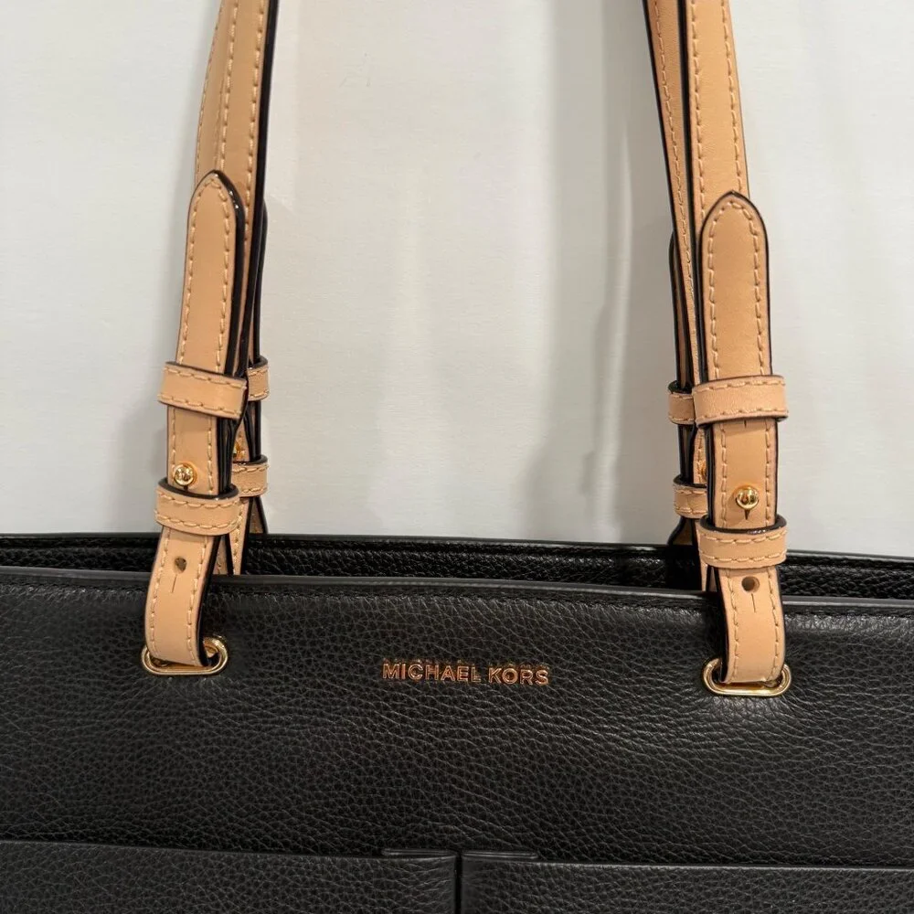 Michael Kors Bedford Pebbled Leather Pocket Tote Handbag Black Tan Straps Travel - Picture 2 of 12